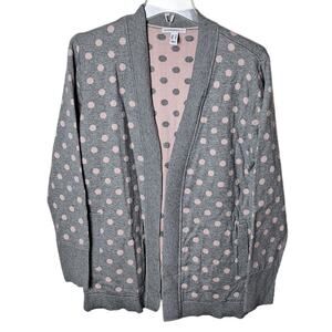 Isaac Mizrahi Live! QVC Women Medium Gray & Pink Polka Dot Open Cardigan Sweater